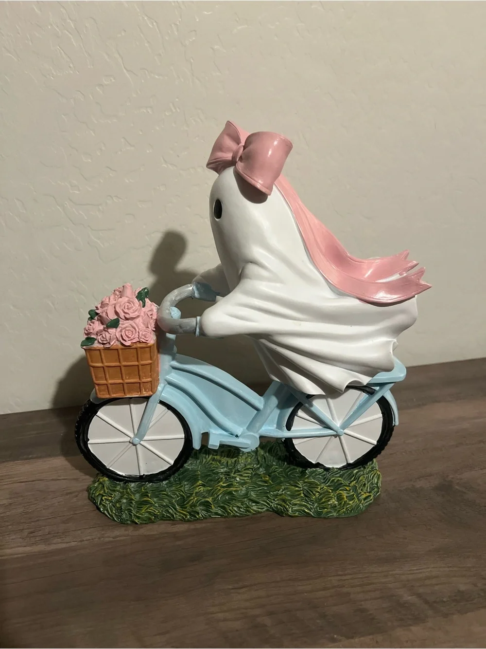 Girl Ghost on Blue Bike with Pink Bow & Basket of Flowers Figurine Halloween